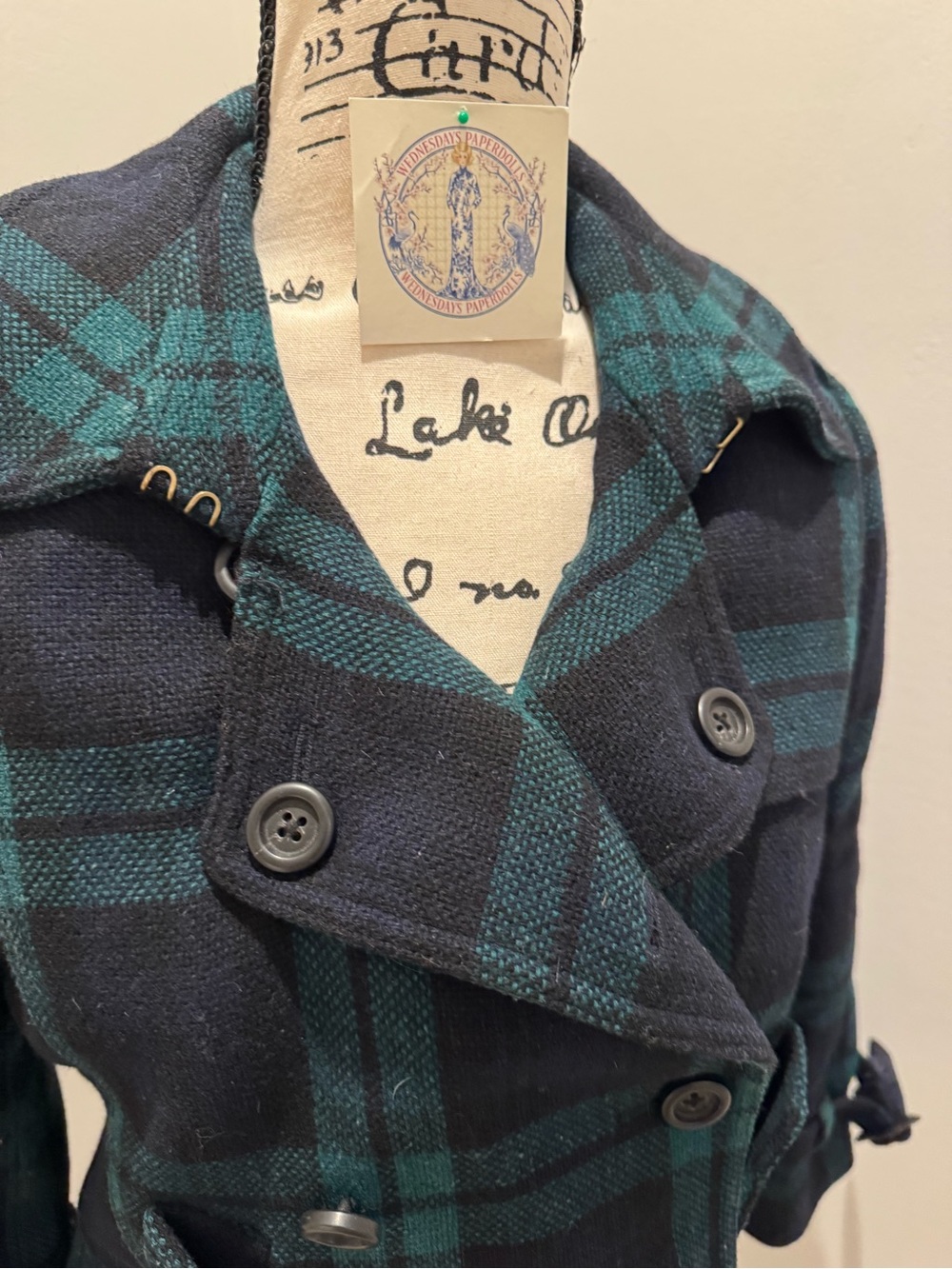 Rare Vtg J.Crew Wool Jacket Cropped Green Black Watch Plaid Peacoat 89712 sz 0 - Picture 6 of 12